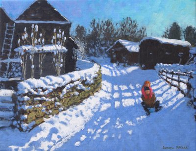 Kelkkailua, lähellä Wintercroft Lanea lähellä Dovedalea ja Thorpea. Ashbourne, 2021 (öljy kankaalle) tekijältä Andrew Macara