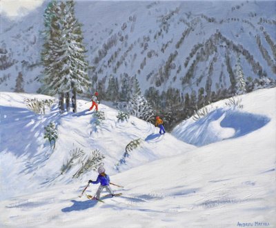 Kolme hiihtäjää, Kitzbuehel, Itävalta, 2024 (öljy kankaalle) tekijältä Andrew Macara