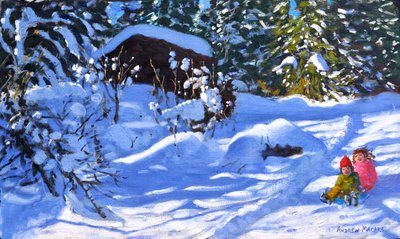 Kaksi kelkassa, Orchard, Morzine, (öljy kankaalle) tekijältä Andrew Macara