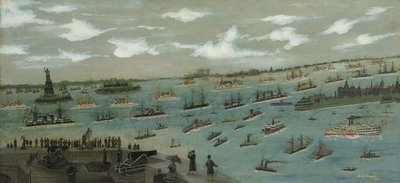 Katsaus Yhdysvaltain laivastosta New Yorkin satamassa Vapaudenpatsaan kanssa, 1893 tekijältä Andrew Meyer