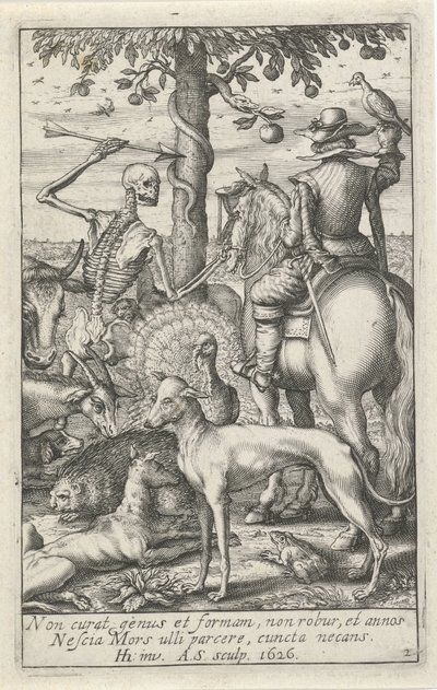 Luuranko nuolen ja haukkamestarin kanssa eläinten keskellä Animal Skeletons (sarjan nimi) tekijältä Andries Jacobsz. Stock