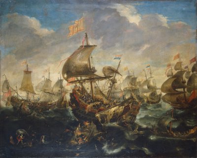 Espanjalaisten ja Alankomaiden laivaston taistelu toukokuussa 1573 Haarlemin piirityksen aikaan. tekijältä Andries van Eertvelt
