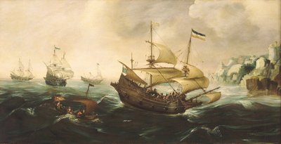 Hollantilaiset alukset ajavat alas kallioiselle rannalle. tekijältä Andries van Eertvelt