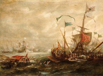 Espanjalainen taistelu barbaarimerirosvoja vastaan, 1600-luvun alkupuolella tai puolivälissä (öljymaalaus). tekijältä Andries van Eertvelt