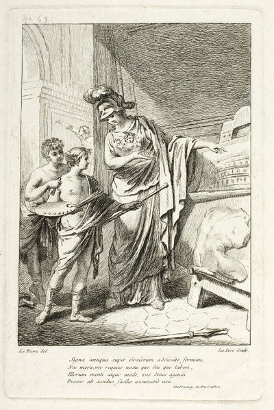 Minerva opettaa nuorta taiteilijaa, kuvitus Catalog historique du Cabinetille, kirjoittanut Mariette tekijältä Ange Laurent de Lalive de Jully