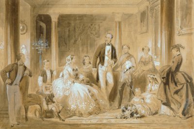 Kuninkaallinen perhe ruokasalissa Osborne Housessa (kynä pesulla paperilla) tekijältä Ange Louis (1815 72) Janet