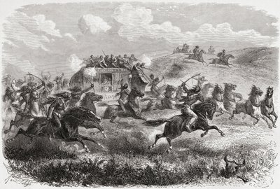 Intiaanit hyökkäävät mannertenvälisen postivaunun kimppuun vuonna 1867, kuvitus Charles Laplanten (k.1903) kaiverruksesta "The World in the Hands", julkaistu 1878. tekijältä Ange Louis Janet