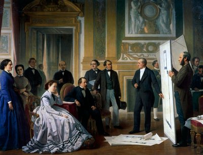 Arkkitehti esittelee Louvren uudet suunnitelmat Napoleon III:lle ja Eugenielle tekijältä Ange Tissier