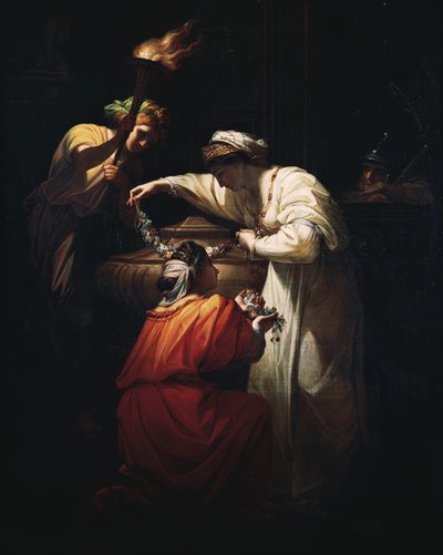 Kleopatra koristamassa Mark Anthonyn hautaa, Angelica Kauffmann (1741-1807), öljy kankaalle tekijältä Angelica Kauffmann