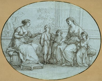 Cornelia, Gracchusten äiti, istuu (oikealla) vastapäätä rikasta roomalaisnaista, jolle hän esittelee kolme lastaan kalleimpana omaisuutenaan tekijältä Angelica Kauffmann