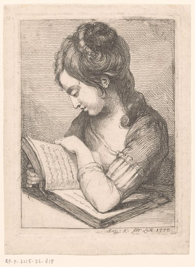 Nuori nainen lukee pöydässä, lepää kyynärpäänsä kirjan päällä tekijältä Angelica Kauffmann