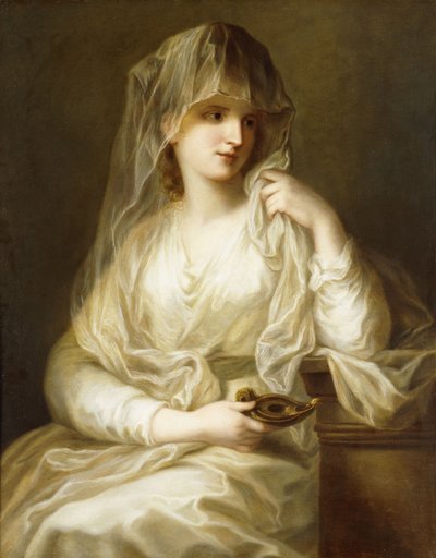 Tuccia, Vestial Neitsyt, kolme neljäsosaa pitkä, kädessään lamppu, tekijältä Angelica Kauffmann
