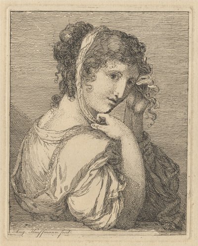 Nainen asettelemassa nauhaa hiuksissaan tekijältä Angelica Kauffmann