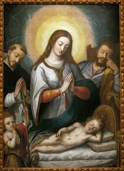 Pyhä perhe Pyhän Johannes Kastajan ja Pyhän Dominikin kanssa. Angelino Medoron (1576-1633) maalaus öljy kankaalle tekijältä Angelino Medoro