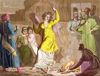 Teleut-kansan shamaanitar, Kemerovon alue, Siperia, levy 27 Jules Ferrarion julkaisemasta teoksesta "Le Costume Ancien et Moderne", julkaistu noin 1820-30-luvuilla (värilitro). tekijältä Angelo Biasioli