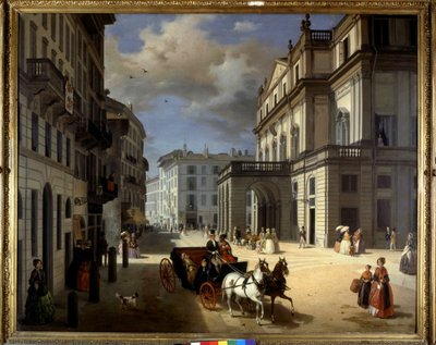 Angelo Inganni edustaa Plaza de la Scalaa Milanossa. 1800-luvulla. Breran taidegalleria, Milano. tekijältä Angelo Inganni