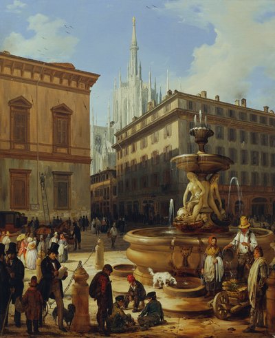 Katunäkymä Milanosta, taustalla Duomo tekijältä Angelo Inganni