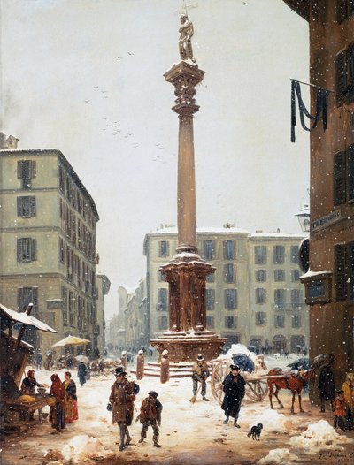 Coloana Mântuitorului de la Verziere (piața de legume) văzută de pe vechea stradă San Bernardino din Milano finlandeză tekijältä Angelo Inganni
