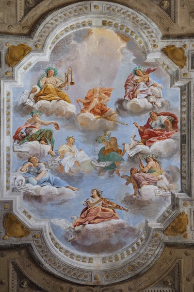 Bolognan neljänneksiä sisältävän salin katto, Kaartin sali, Esten herttuan palatsi, Sassuolo, Italia. tekijältä Angelo Michele Colonna