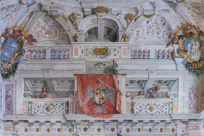 Sali, jossa on Bolognan korttelit, Vartijoiden sali, Este Ducal Palace, Sassuolo, Italia. tekijältä Angelo Michele Colonna