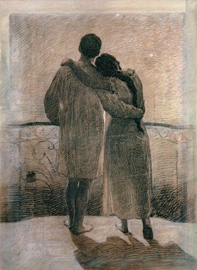Nuori pari, keskipaneeli Dream and Reality Triptyykistä, 1905 (kynä ja hiili paperille) tekijältä Angelo Morbelli