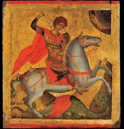Akotandos, Angelos (aktiivinen n. 1425-1460) Pyhä Yrjö ja lohikäärme Tempera paneelissa n. 1440-1460 Benaki-museo, Ateena 40,8x37,5 tekijältä Angelos Akotantos