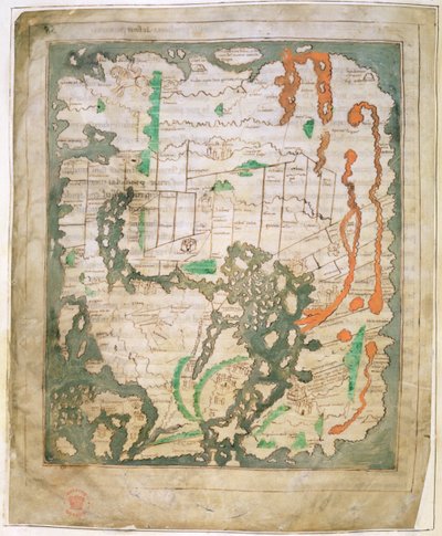 Cott Tib B V, osa 1 f.56v Suorakulmainen maailmankartta, n. 1030 (vellum) tekijältä Anglo Saxon