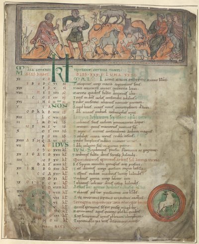Puuvilla Tiberius B. V, osa 1, f.5 Toukokuun kalenterisivu. Hoitaa lampaita. Kaksi paimenta laumansa kanssa, yksi pitelee roistoa ja kolme istuvaa hahmoa. Jalkapäässä Oinas pyöreässä tekijältä Anglo Saxon