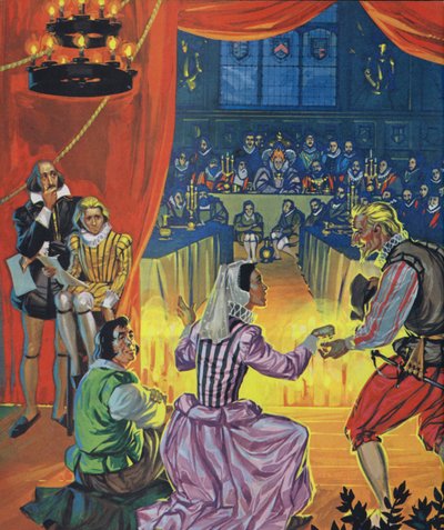 Esitys kahdestoista yö kuningatar Elisabet I:n edessä, ja Shakespeare kuuntelee esiripun takana (värilitografia). tekijältä Angus McBride