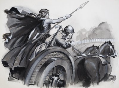 Boadicea lietsoo brittiläisten raivoa roomalaisia herrojaan vastaan (guassi paperille). tekijältä Angus McBride