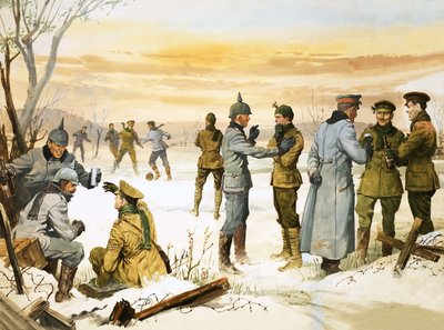 Brittiläiset ja saksalaiset sotilaat pitävät joulurauhan Suuren sodan aikana tekijältä Angus McBride