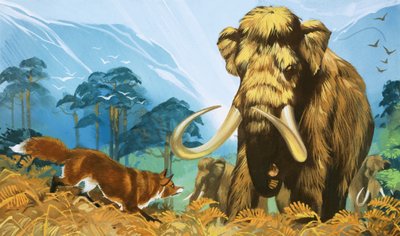 Kettu hyökkää mammutin kimppuun tekijältä Angus McBride