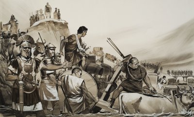 Julius Caesar (100-44 eKr.) johti sotilaansa pienen Rubicon-joen yli ja marssi Roomaan (gouache paperille). tekijältä Angus McBride