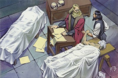 Leonardo Da Vinci tutkii ihmisen anatomiaa käyttäen sairaalassa kuolleiden miesten ruumiita (guassi paperille). tekijältä Angus McBride