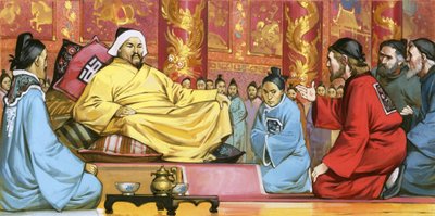Marco Polo Kublai Khanin hovissa, 20. vuosisata (guassi paperille). tekijältä Angus McBride