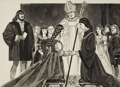 Lucrezia Borgian (1480-1519) ja herttua Alfonson avioliitto (guassi paperille). tekijältä Angus McBride