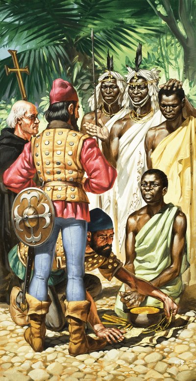 Portugalilaiset tutkimusmatkailijat saapuivat Kap Verdeen ja Gambiajokeen, jossa he löysivät alkuasukkaita, jotka olivat halukkaita käymään kultakauppaa. tekijältä Angus McBride