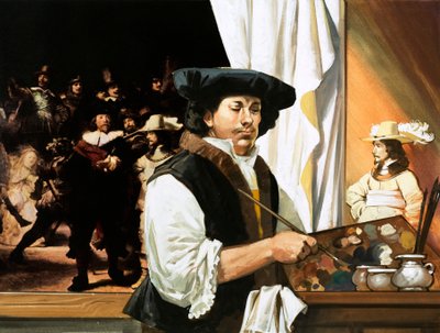 Rembrandt maalaamassa kuuluisaa muotokuvaansa kansalaiskaartilaisista. tekijältä Angus McBride