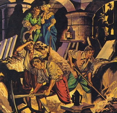 Samuel Pepys etsimässä Lontoon Toweriin kätkettyä rahavarastoa (värilitografia). tekijältä Angus McBride