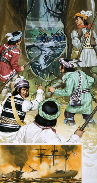 Seminole-intiaanit taistelevat amerikkalaisia sotilaita vastaan rämeillä. tekijältä Angus McBride