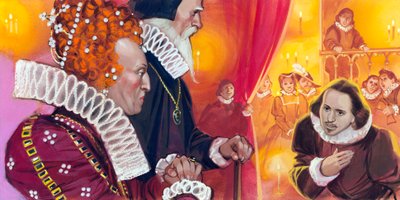 Shakespearen esittäminen kuningatar Elisabet I:lle tekijältä Angus McBride