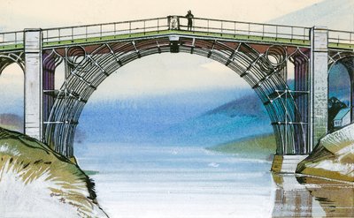 Britannian ensimmäinen rautasilta Ironbridge Gorge -järvellä. tekijältä Angus McBride