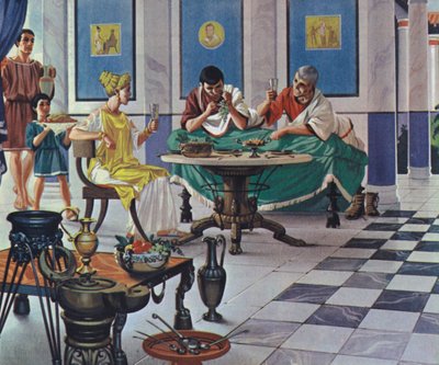 Varakas roomalaisperhe aterioimassa (värilitografia). tekijältä Angus McBride