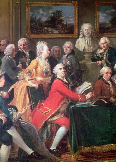 Soirée at the Home of Madame Geoffrin Lekainin ja Mademoiselle Claironin yksityiskohta, 1755 öljy kankaalle tekijältä Anicet Charles Lemonnier