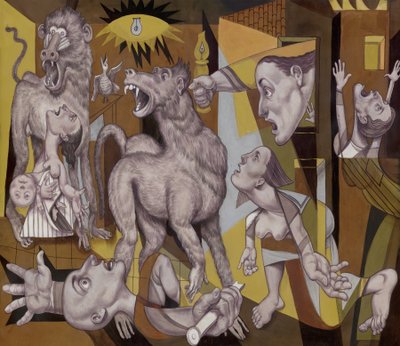 Guereza Guernica, 2018 (akryylimaali kuvituskartongille) tekijältä Anita Kunz
