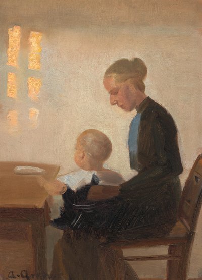 Sisustus, jossa on äiti ja lapsi. tekijältä Anna Ancher