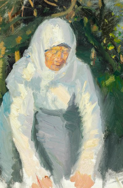 Skagenin nainen valkoisen huivin kanssa. tekijältä Anna Ancher