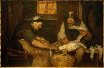 Kaksi vanhusta nyppii lokkeja. Lars Gaihede ja vanha Lene tekijältä Anna Ancher