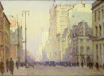 5th Ave, 57th Street, noin 1918 (öljy kankaalle). tekijältä Anna Richards Brewster