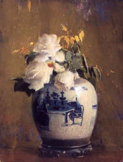 Valkoiset ruusut, ennen vuotta 1922 (akvarelli pahville) tekijältä Anna S. Fisher